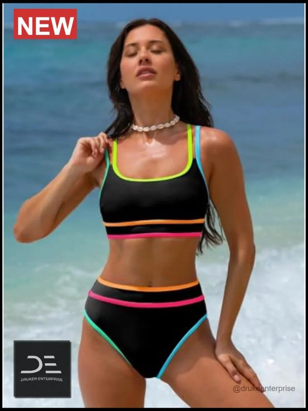 High Waisted Bikini Sets Neon Two Piece Swimsuit Sporty Adjustable Straps